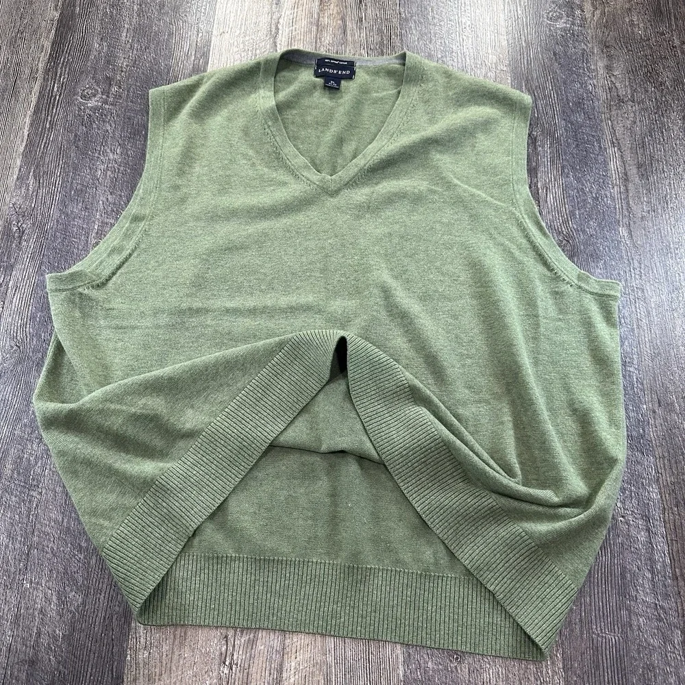 Lands End Sweater Vest Mens XL Green 100% Supima Cotton Pullover Preppy Academia